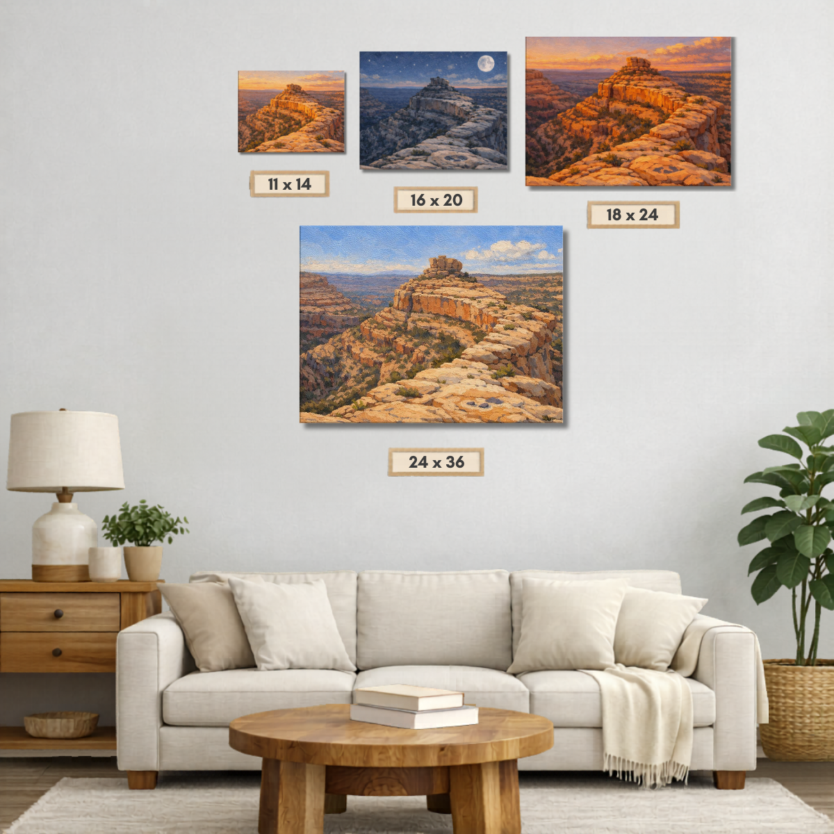 Living room with a beige sofa, wooden coffee table, and wall art depicting Bears Ears Canyon landscapes in 4 different sizes.