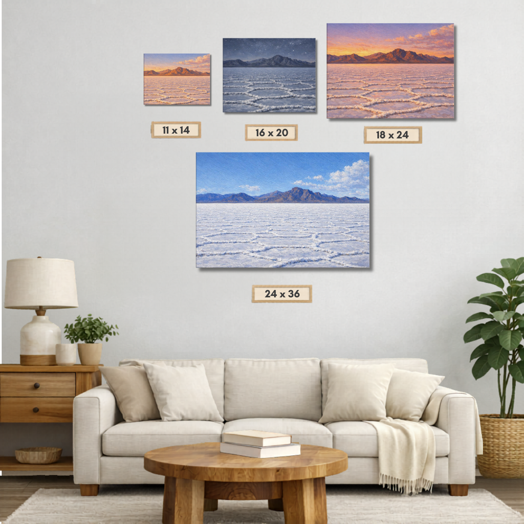 Living room with a beige sofa, wooden coffee table, and wall art depicting Bonneville Salt Falts landscape in four different sizes.