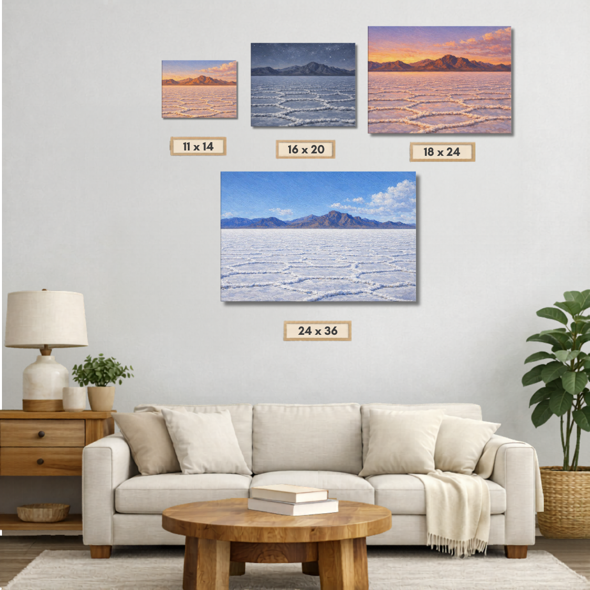 Living room with a beige sofa, wooden coffee table, and wall art depicting Bonneville Salt Falts landscape in four different sizes.