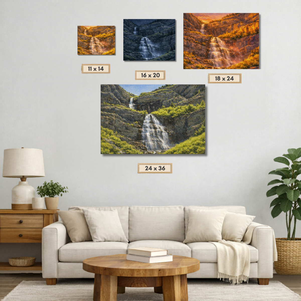 Living room with a beige sofa, wooden coffee table, and wall art displaying Bridal Veil Falls waterfall in four different sizes.