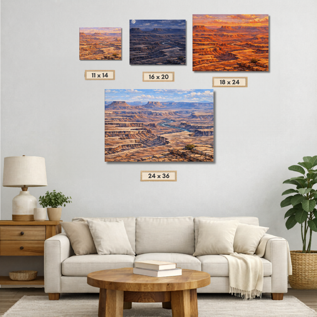 Living room with a beige sofa, wooden coffee table, and wall art displaying of Canyonlands National Park landscape in four different sizes.