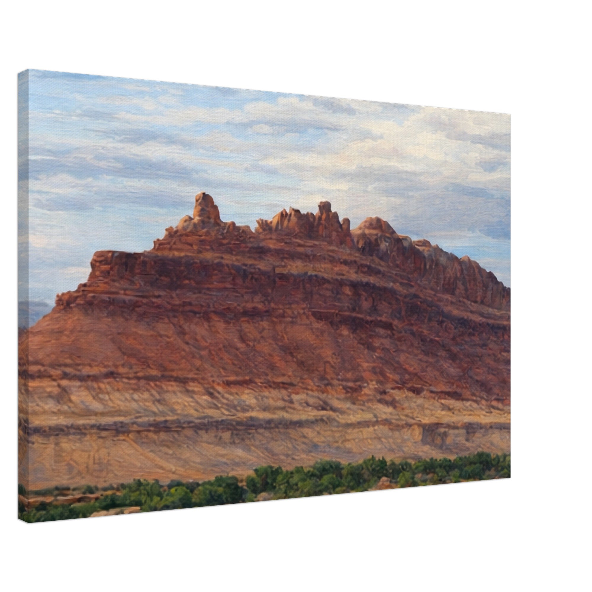 Canvas print of a desert landscape with a large rock formation.