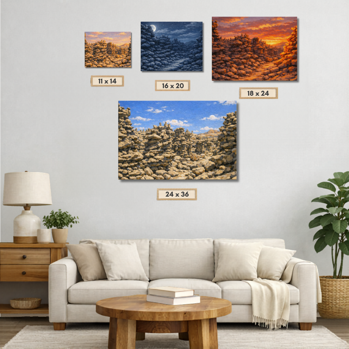Living room with a beige sofa, wooden coffee table, and wall art displaying Fantasy Canyon landscape in four different sizes.