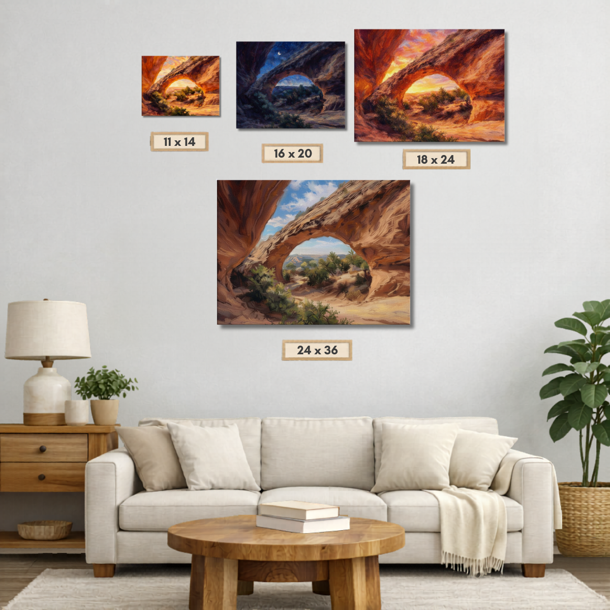 Living room with beige sofa, wooden coffee table, and wall art depicting Moonshine Arch in four different sizes.