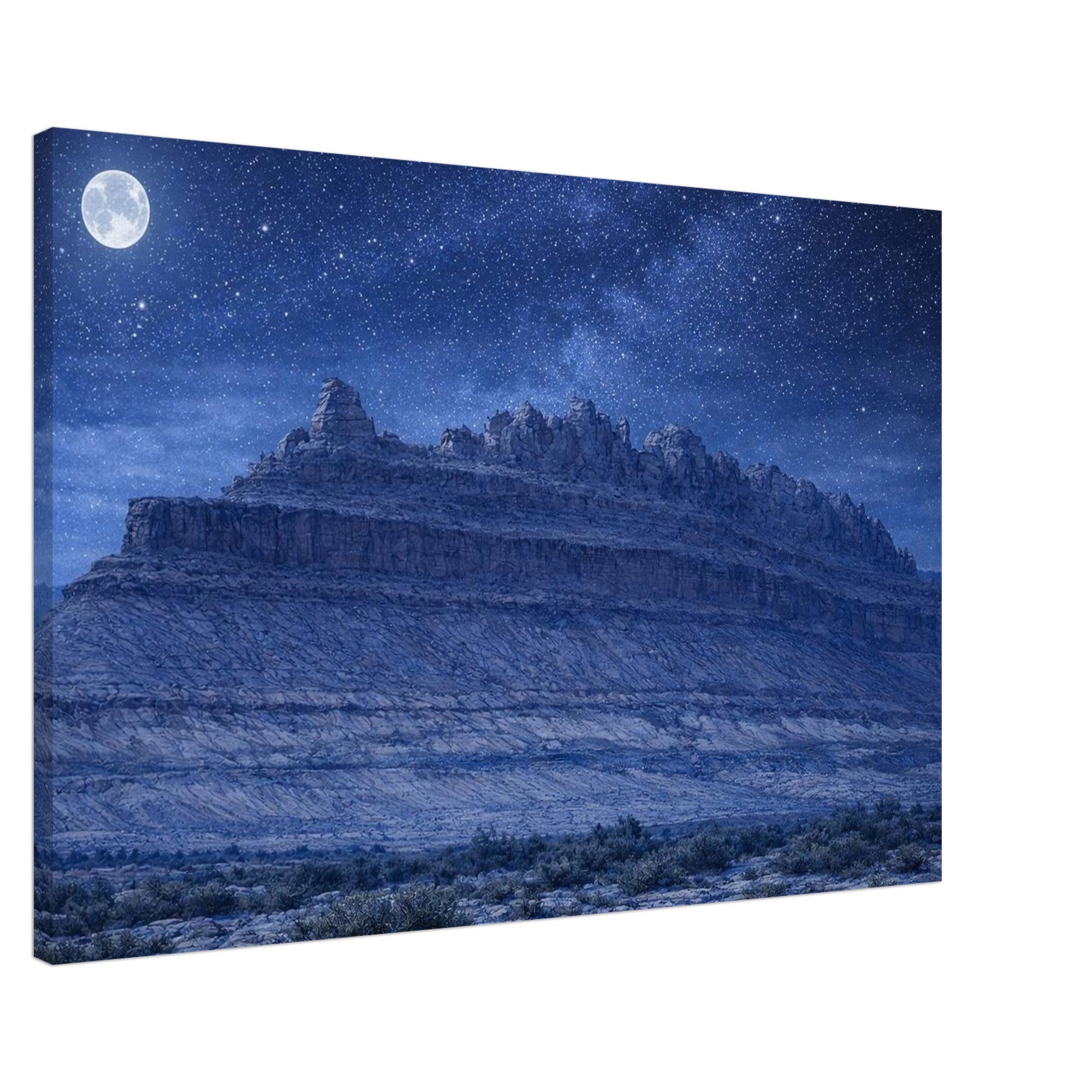 Canvas print of a desert landscape with a moonlit sky and starry night.