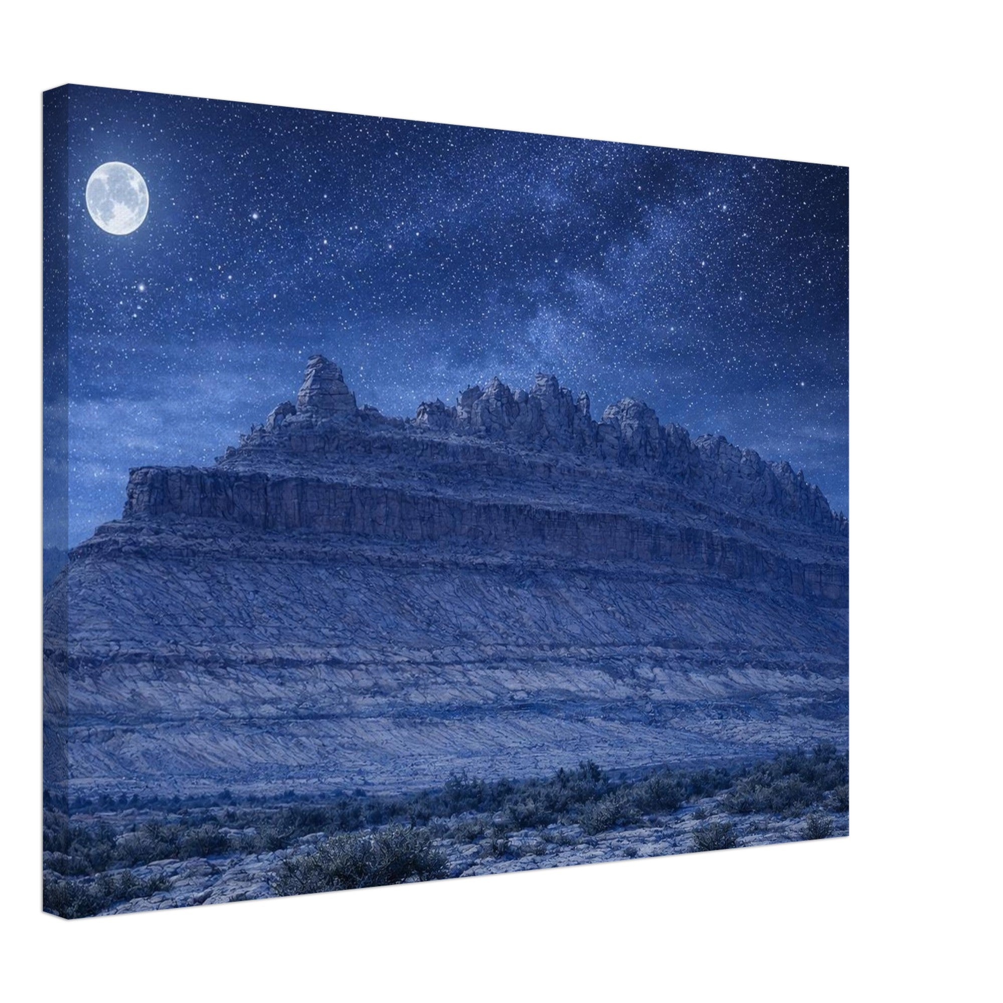 Canvas print of a desert landscape with a moonlit sky and rocky formations.