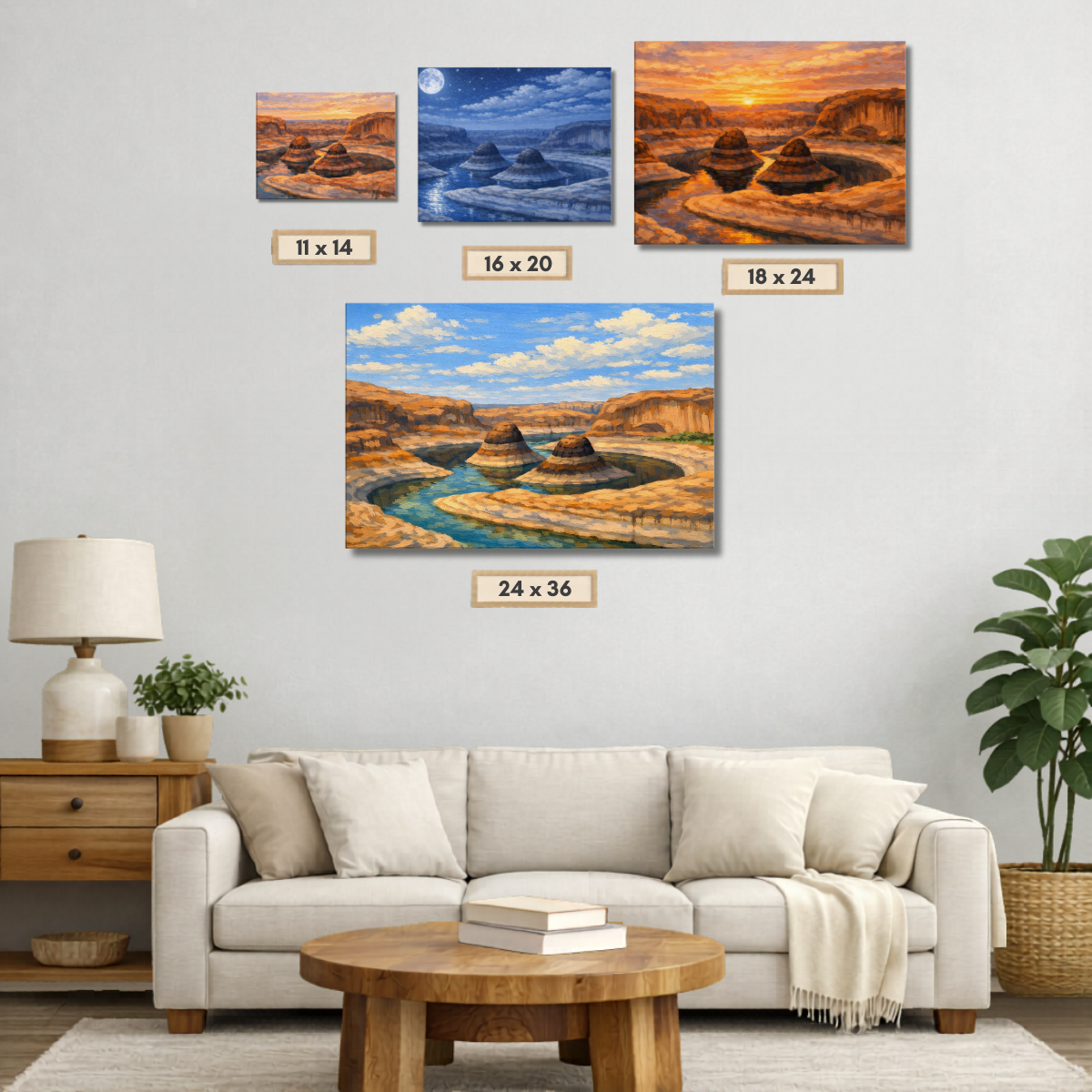Living room with a beige sofa, wooden coffee table, and wall art depicting Reflection Canyon landscape in four different sizes.