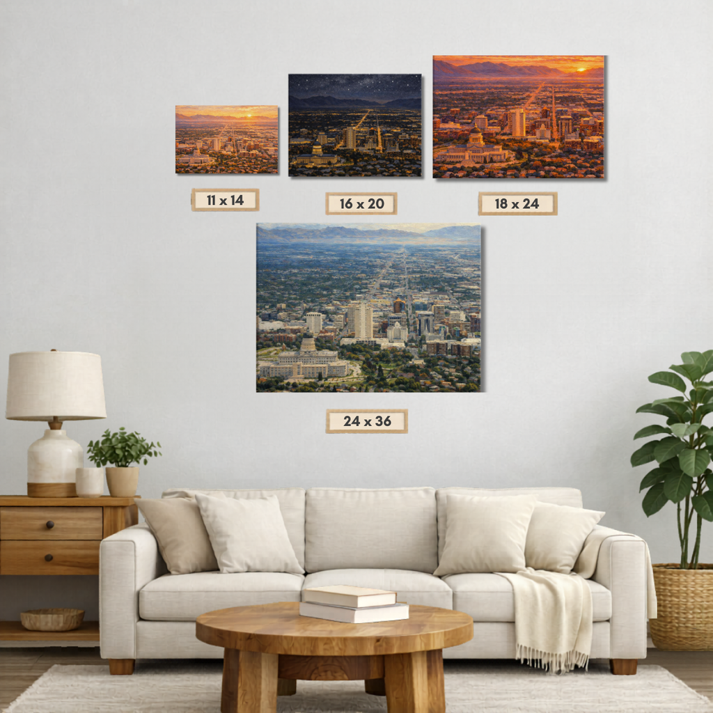 Living room with a beige sofa, wooden coffee table, and wall art of Salt Lake City Utah cityscape in four different sizes.