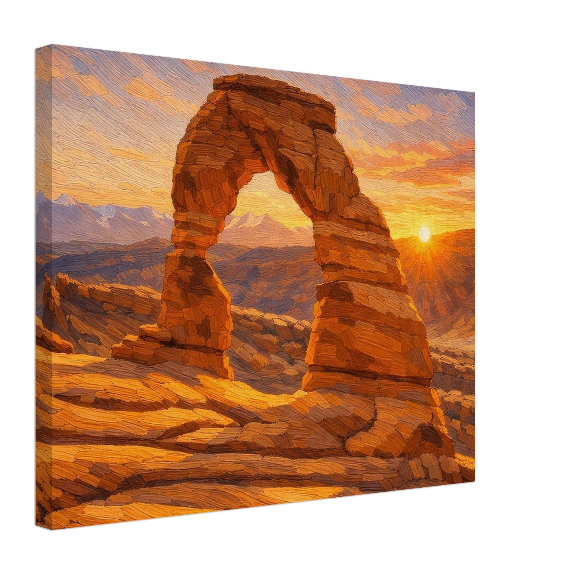 Canvas print of a desert arch with a sunrise in the background