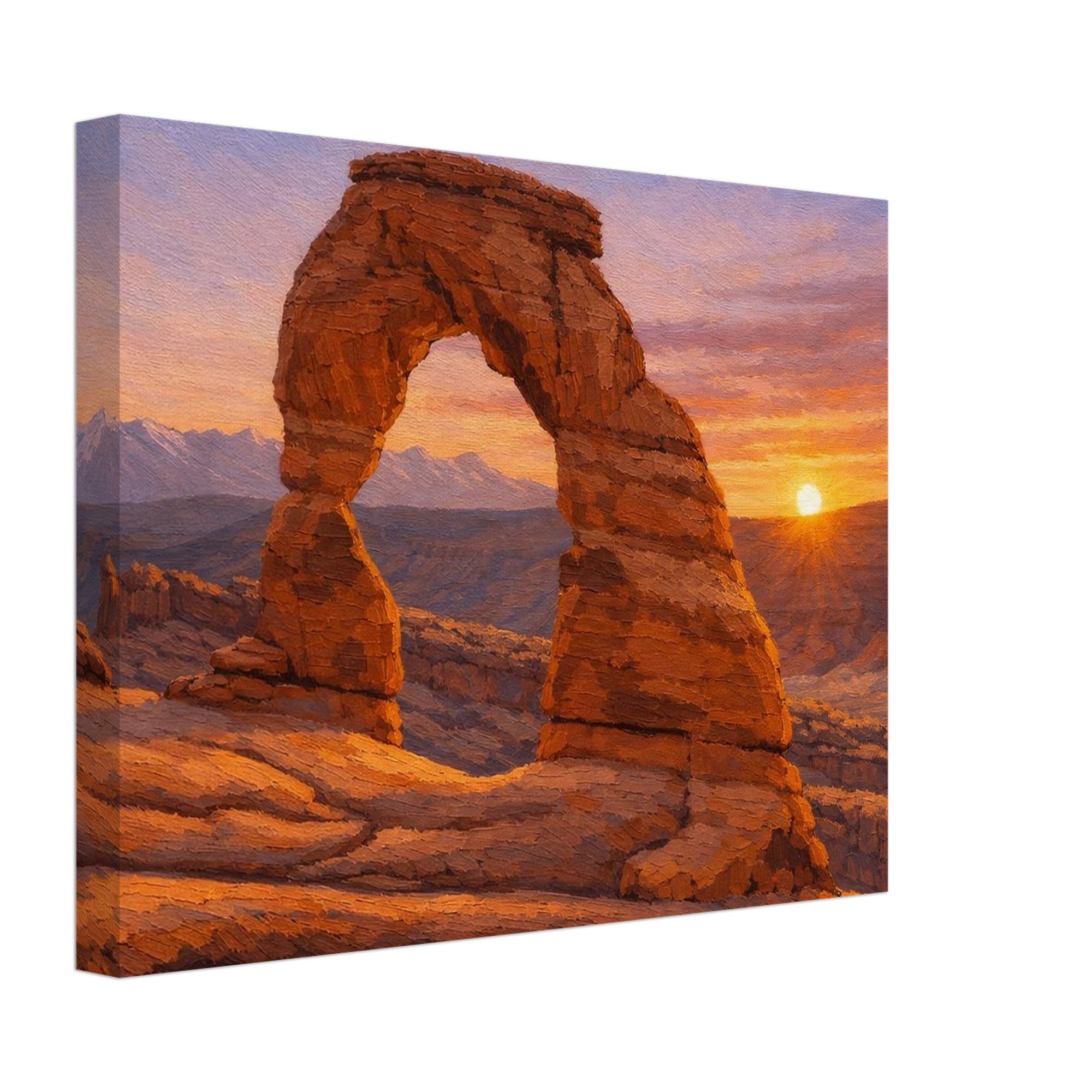 Canvas print of a desert landscape with a large rock arch and sunset.