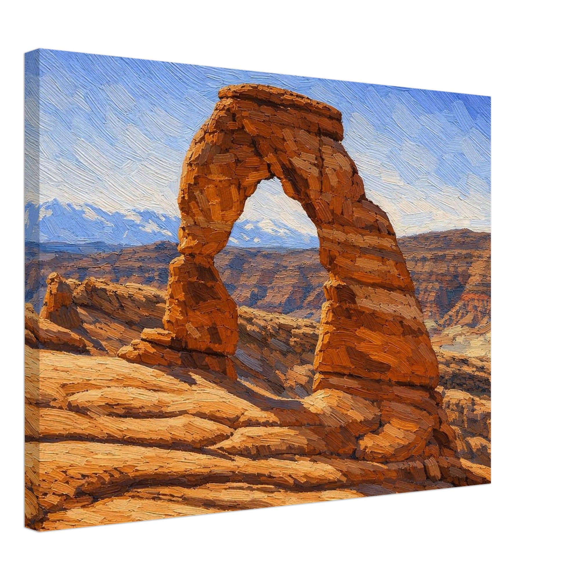 Canvas print of a desert arch with mountains in the background