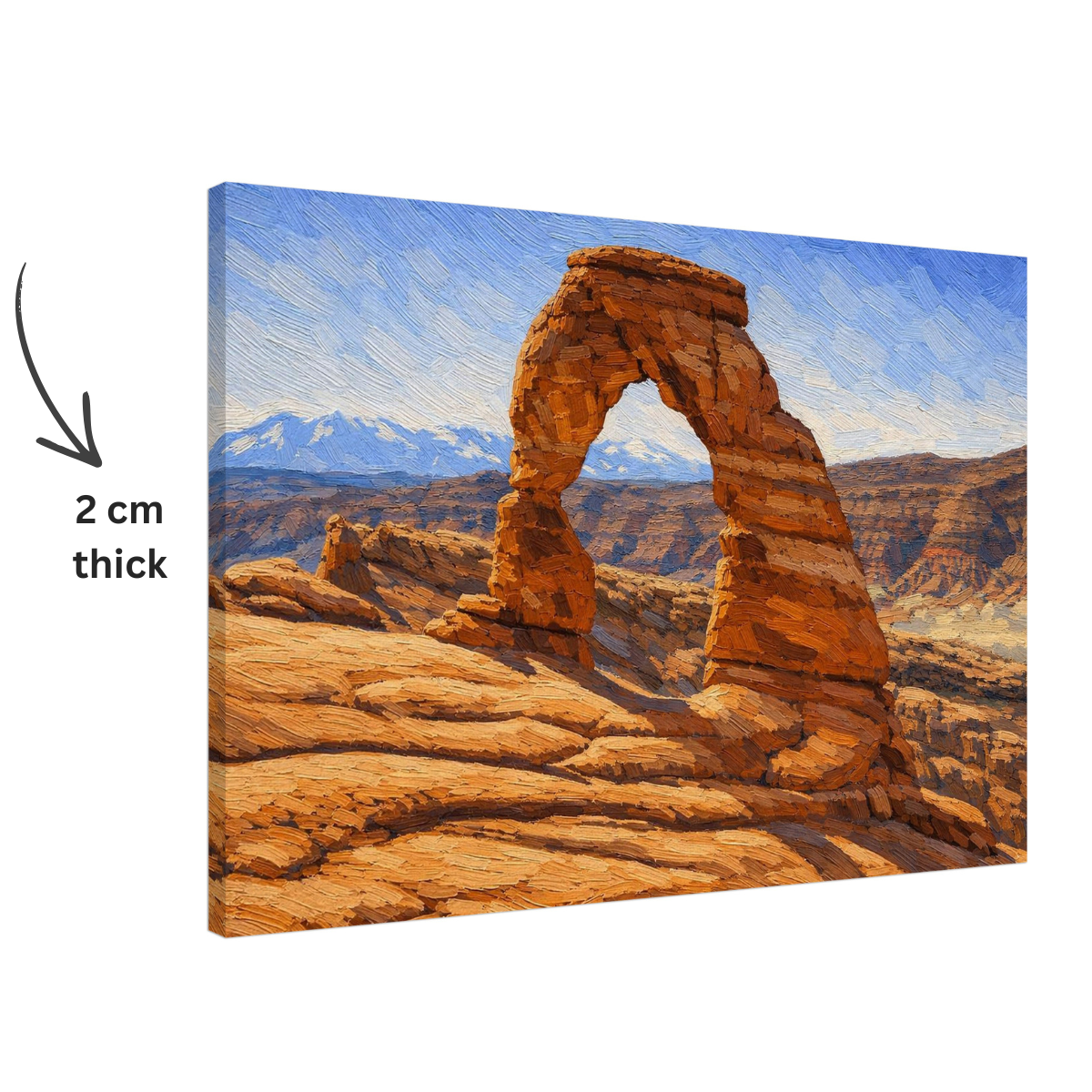 Canvas print of Utah Arch with mountains in the background, showing a thickness of 2 cm.