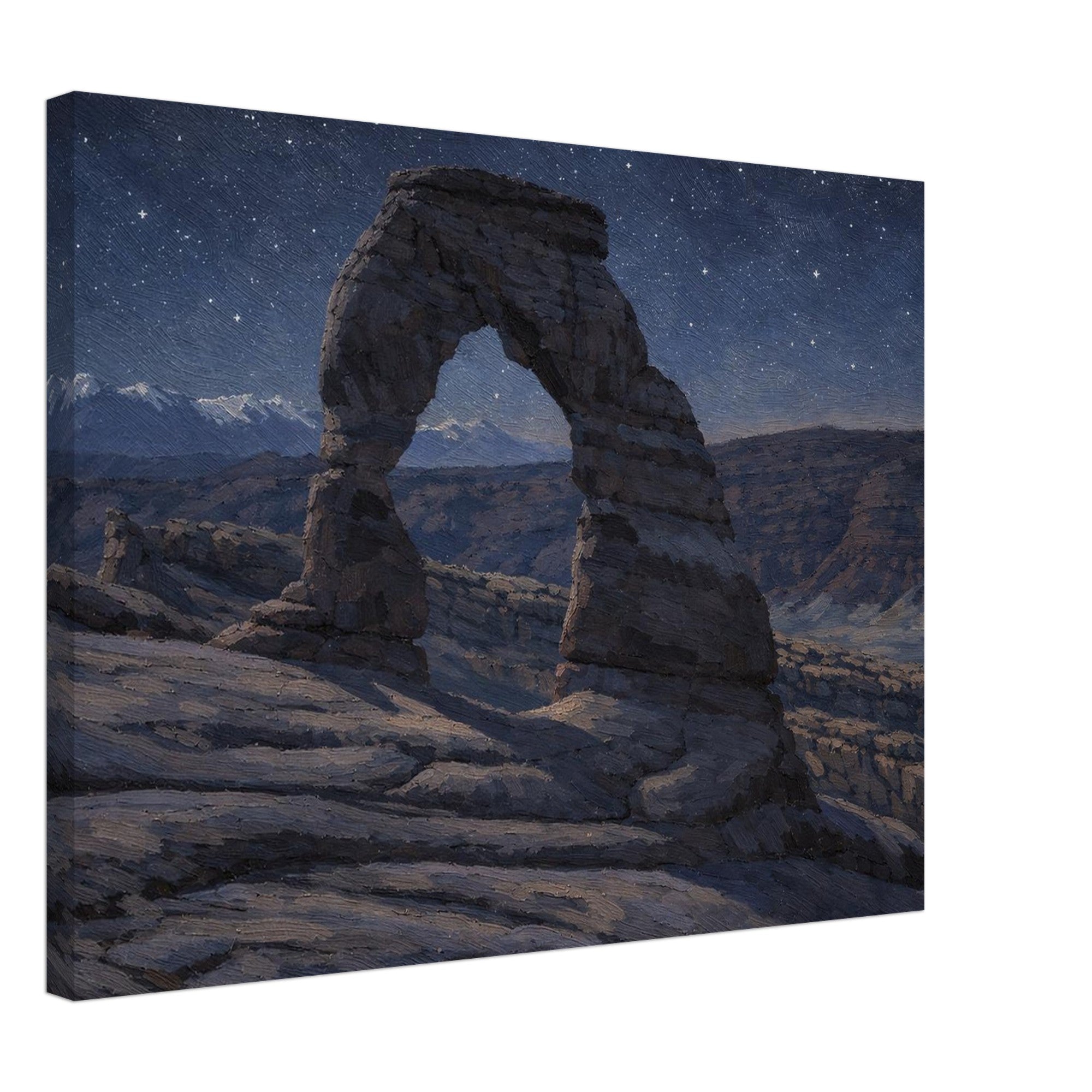 Starry night sky over a natural stone arch with mountains in the background