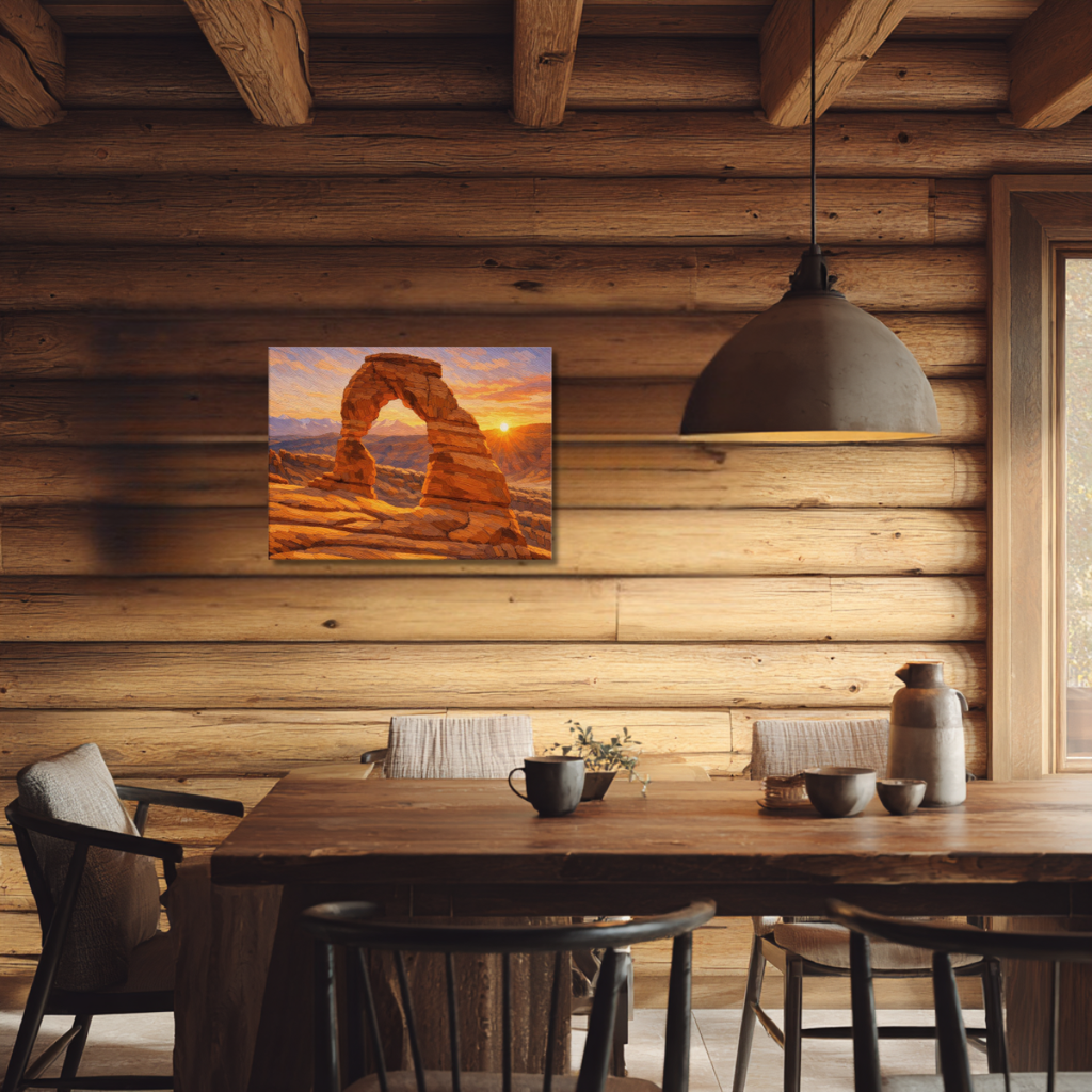 Dining area with wooden walls, table, chairs, and a sunrise landscape painting of Utah Arch.