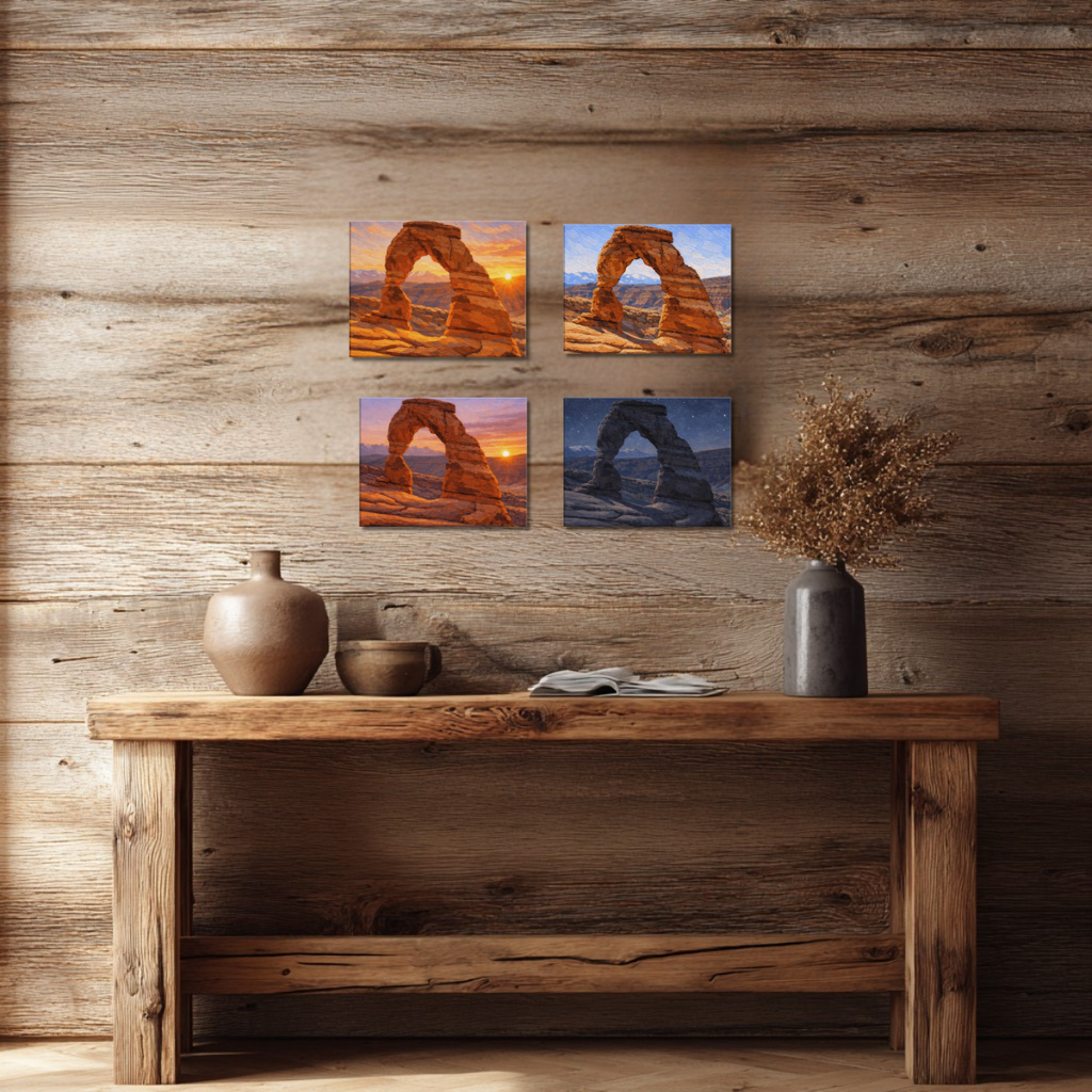 Wooden console table with decorative items against a wooden wall with four landscape prints of Utah Arches, each one depicting a different time of day.