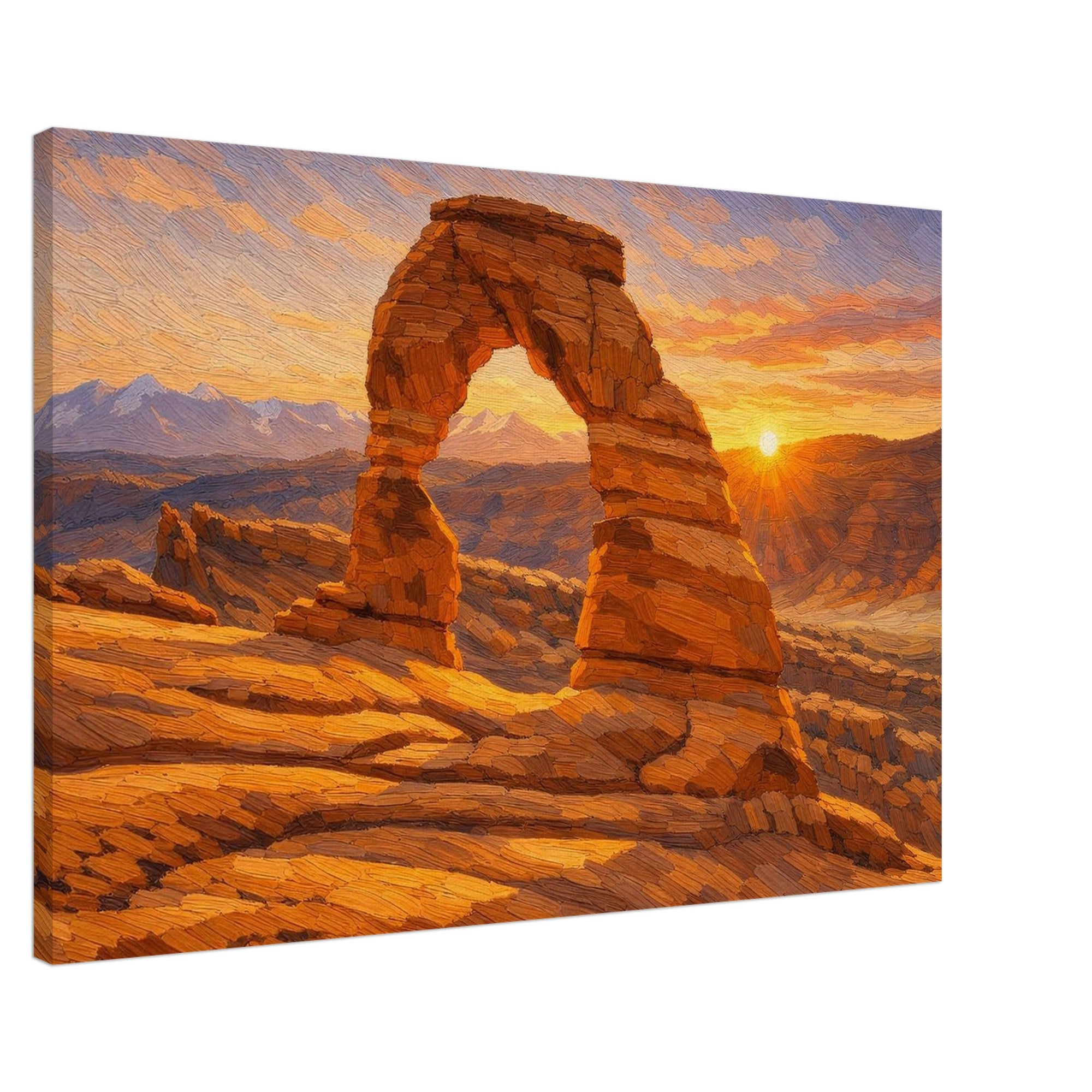 Canvas print of a desert arch with a sunrise in the background