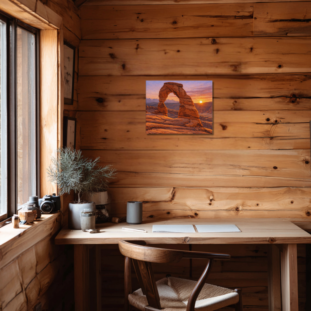 Wooden cabin interior with a desk, chair, and wall art of Utah Arch depicted at sunset.