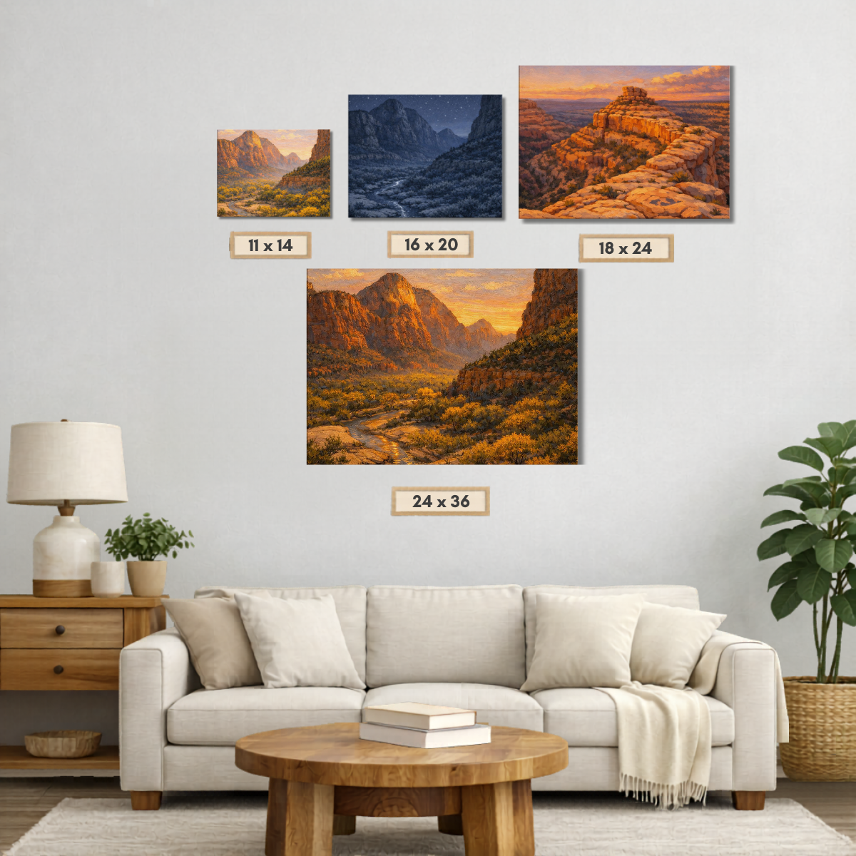 Living room with a beige sofa, wooden coffee table, and wall art depicting Bears Ears mountain landscape in four different sizes.