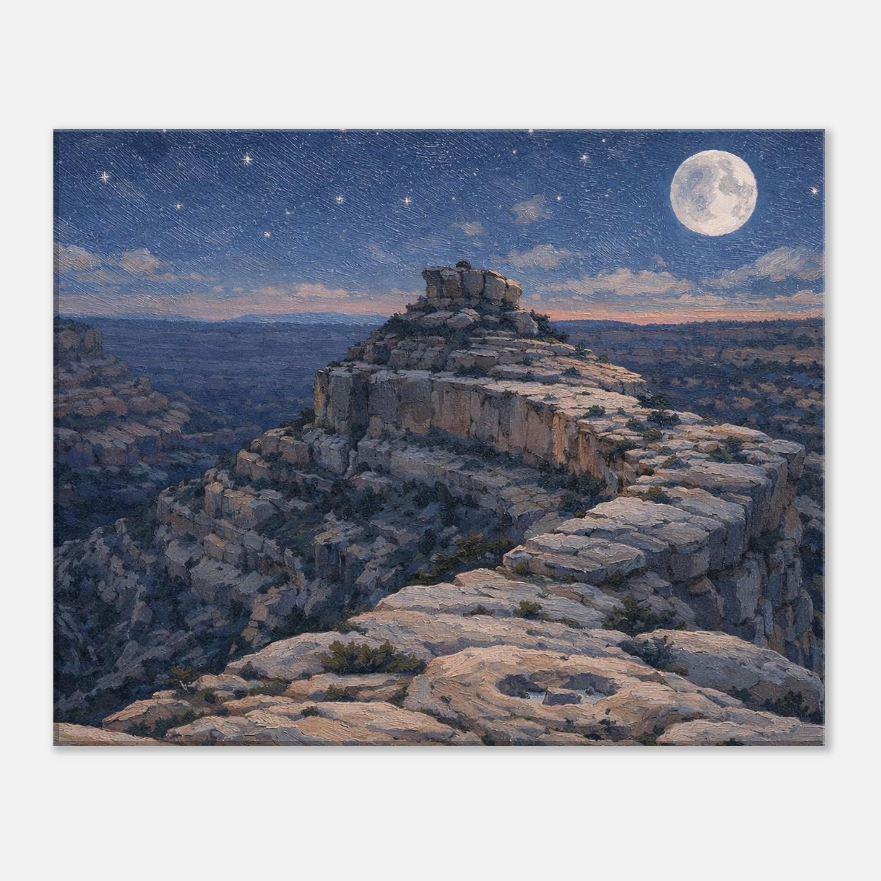 Rock formation under a night sky with a full moon