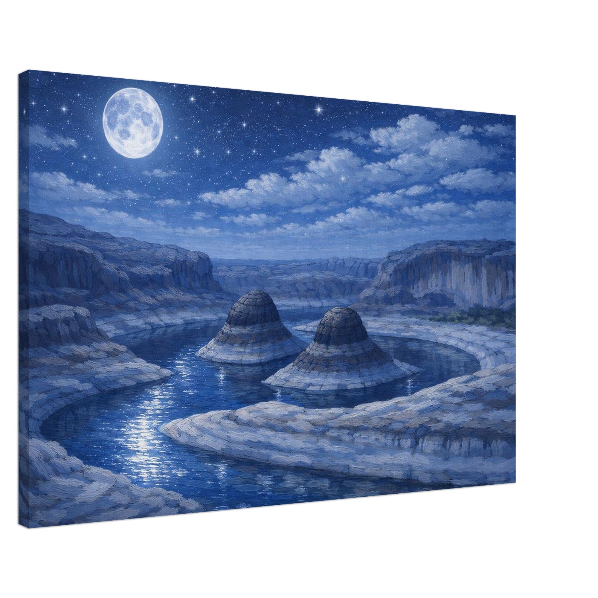 Canvas print of a landscape with cliffs, lake, and moonlit sky.