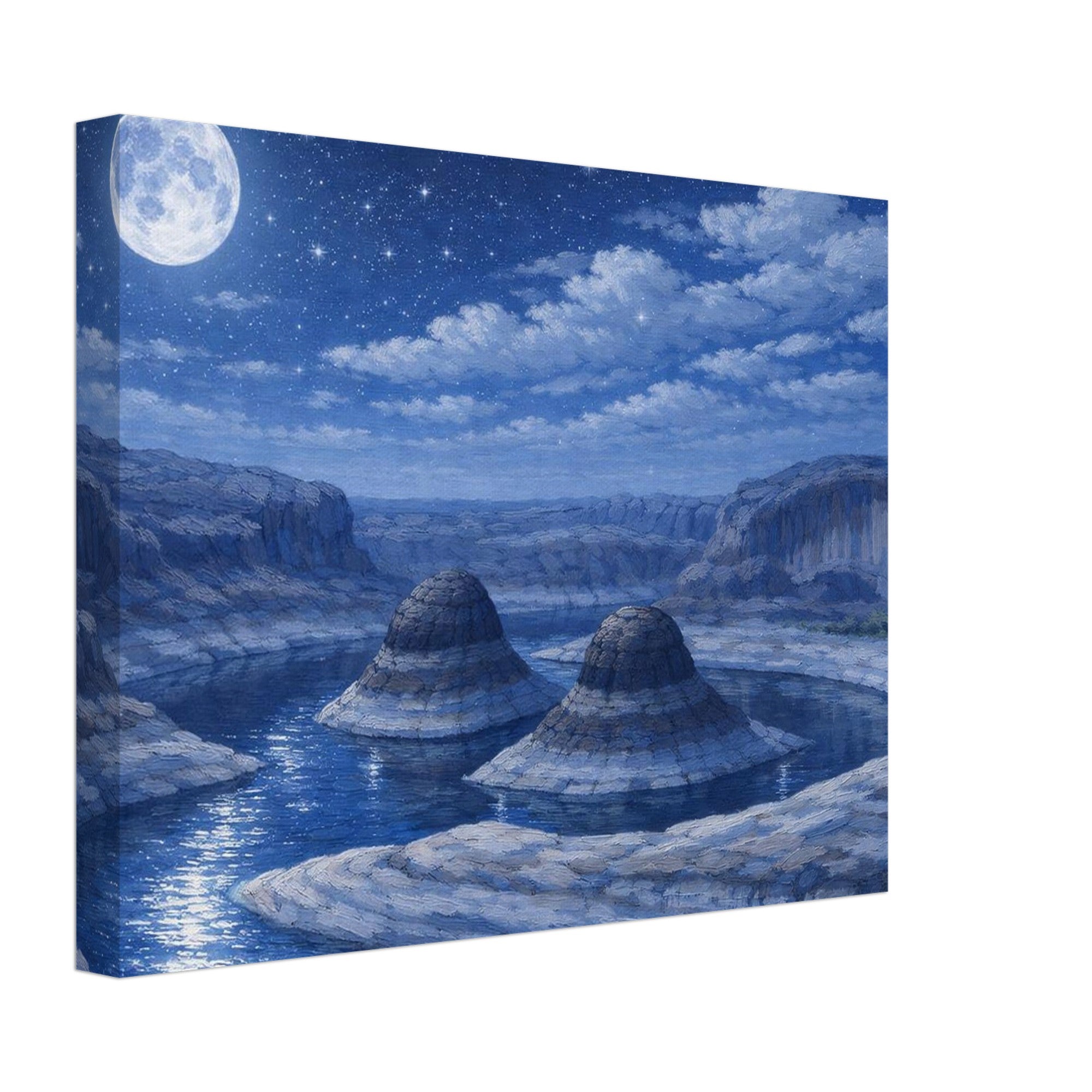 Canvas print of a moonlit landscape with cliffs and water