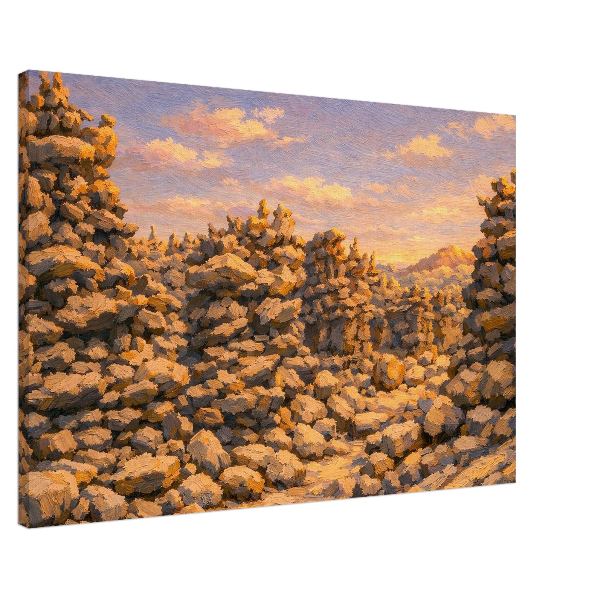 Canvas print of a landscape with rocks and a sunrise sky.