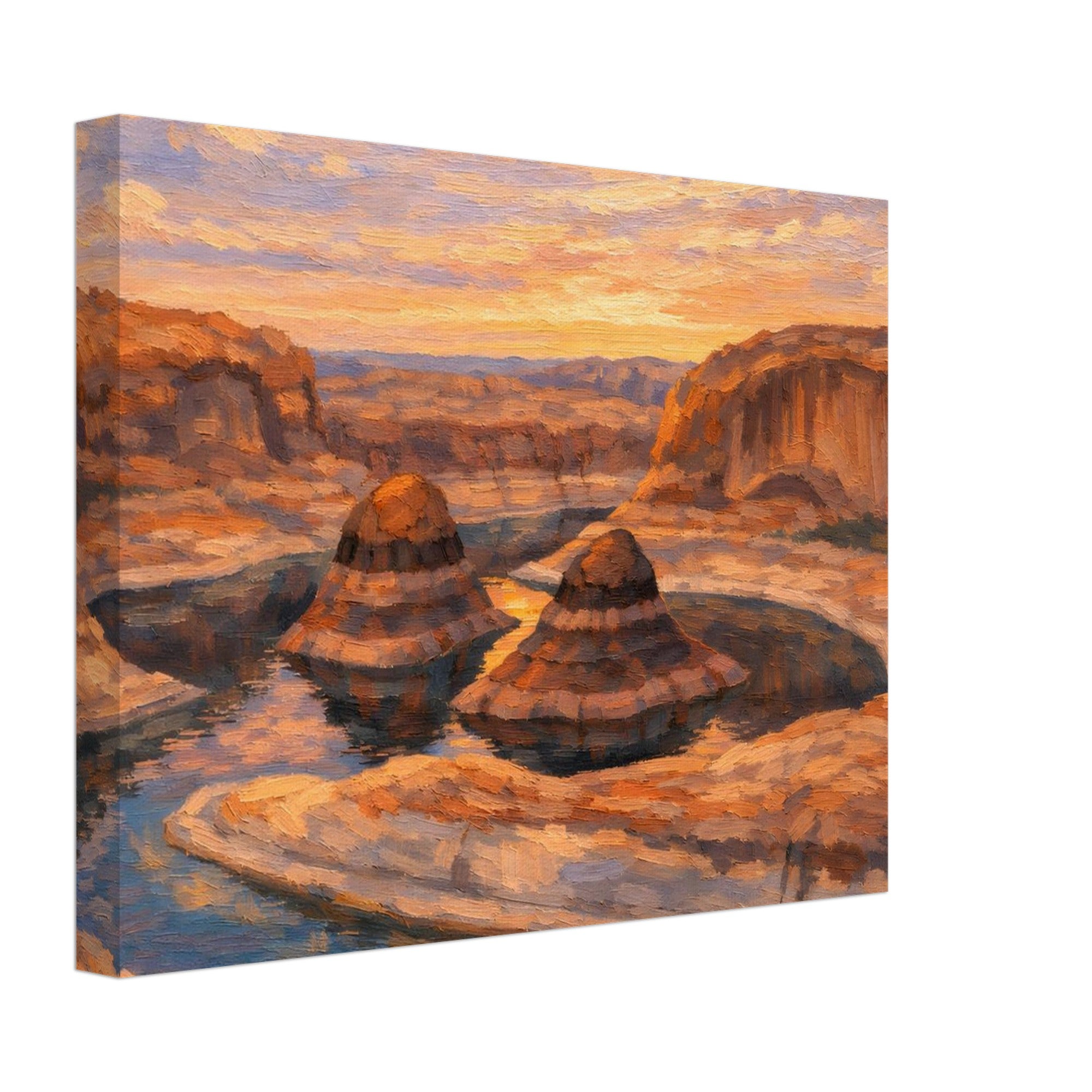 Canvas print of a desert landscape with rock formations and a sunset sky.