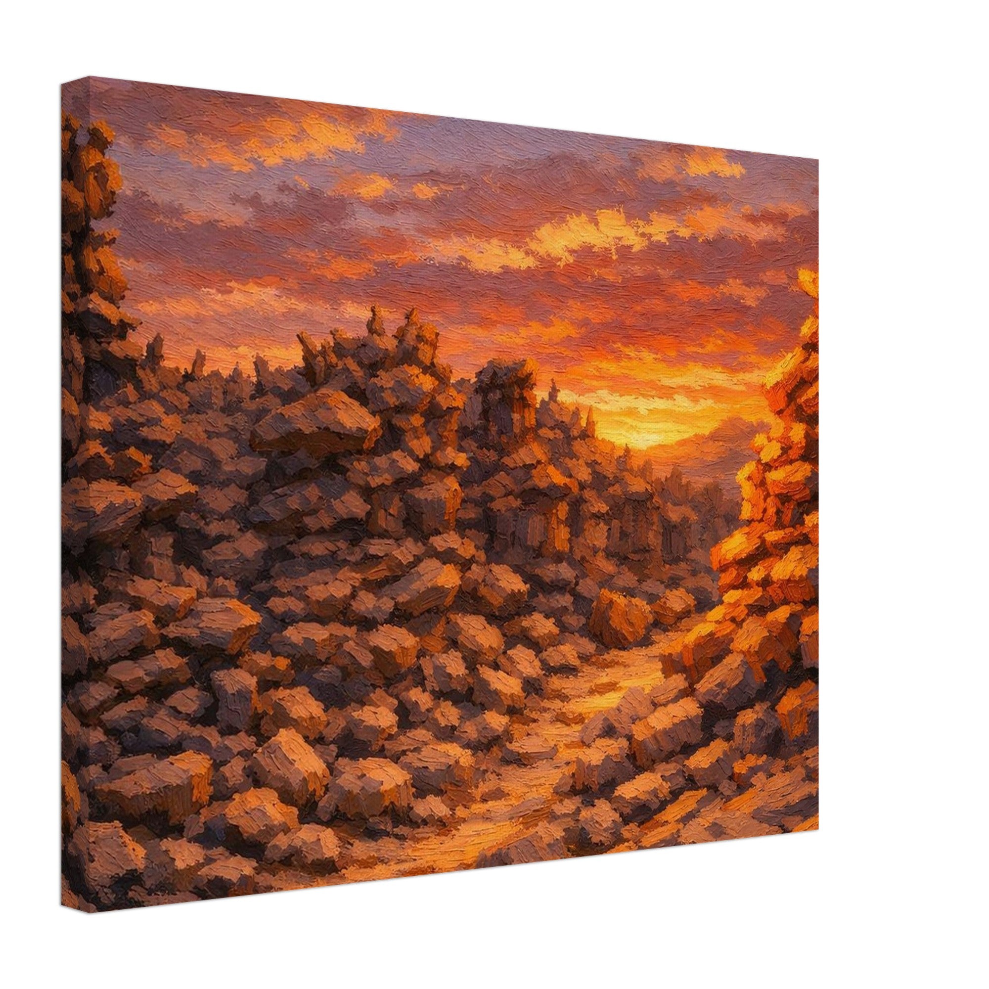 Canvas print of a sunset over a rocky landscape with warm colors.