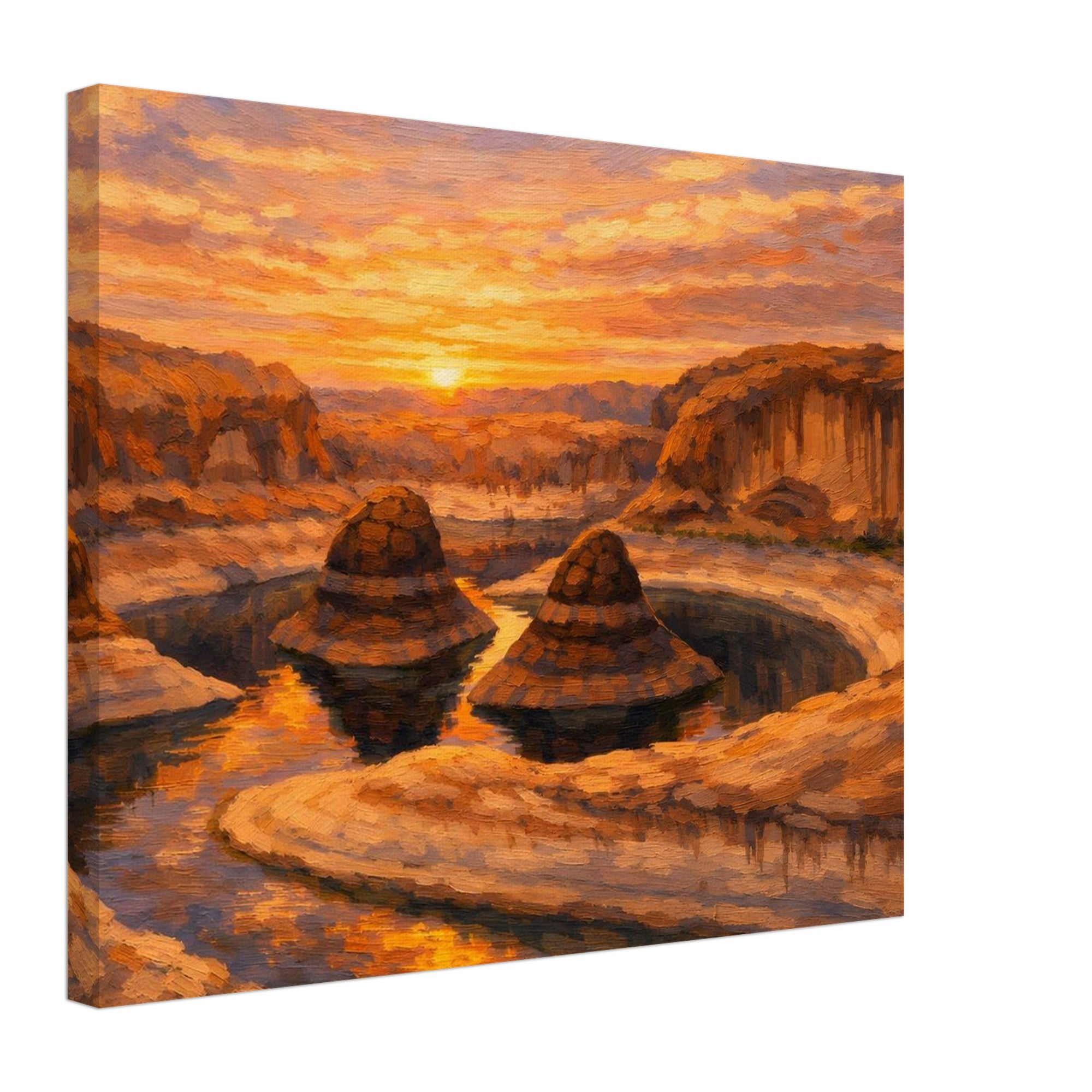 Canvas print of a desert landscape with a sunset over rocky formations.