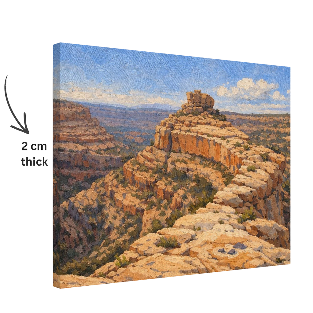 Close‑up side view of the Bears Ears Cliffs from Cedar Mesa canvas print on a clean white background, showing the thick gallery‑wrapped edges and sturdy frame construction.