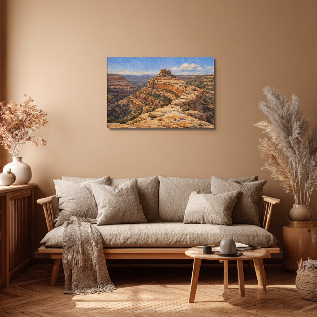 Canvas wall art of the Bears Ears Cliffs from Cedar Mesa displayed in a modern living room, above a neutral contemporary sofa with bright natural daylight and clean minimalist décor.