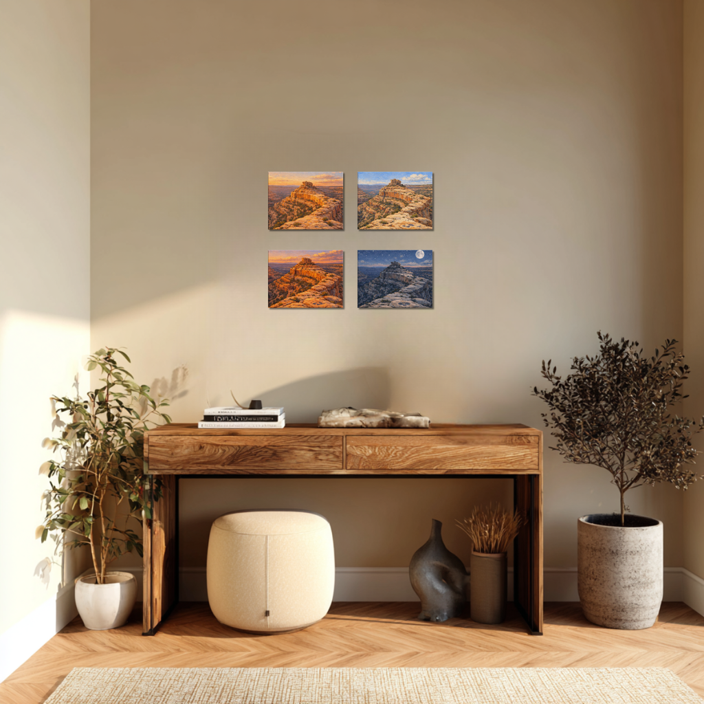 Set of four framed canvas prints of the Bears Ears Cliffs from Cedar Mesa displayed in a modern entryway, showing sunrise, daytime, sunset, and night versions arranged together above a minimalist console table with clean contemporary décor.