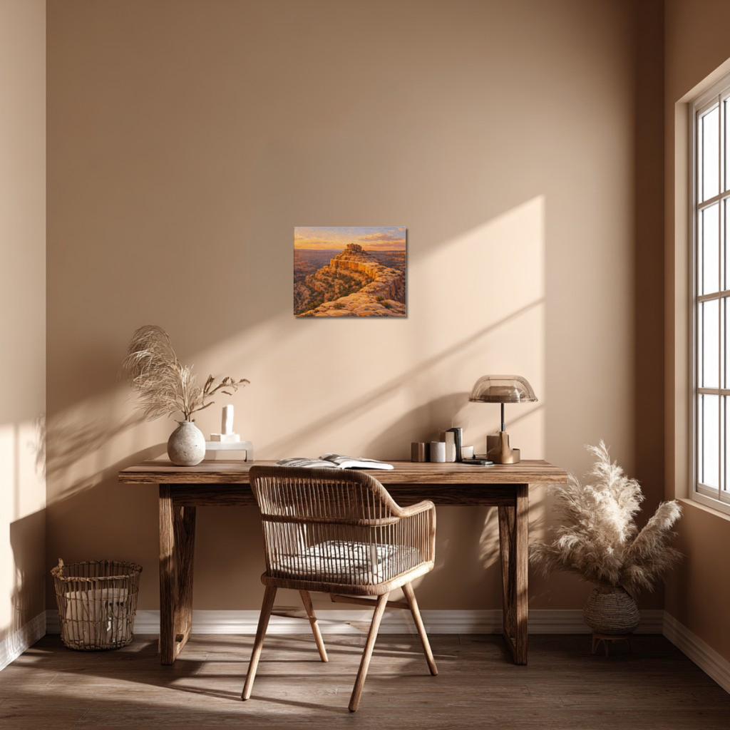 Canvas wall art of the Bears Ears Cliffs from Cedar Mesa at sunrise displayed in a modern study, above a clean wooden desk with warm morning light and minimalist contemporary décor.