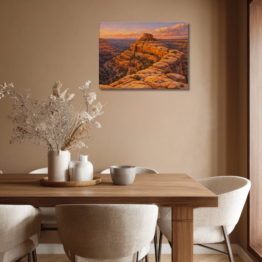 Canvas wall art of the Bears Ears Cliffs from Cedar Mesa at sunset displayed in a modern dining room, above a wooden table with warm morning light and clean contemporary décor.