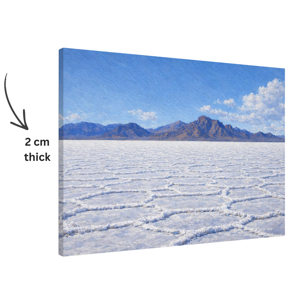 Canvas print of a Bonneville Salt Flats landscape with mountains and a clear sky, showing a 2 cm thick border.