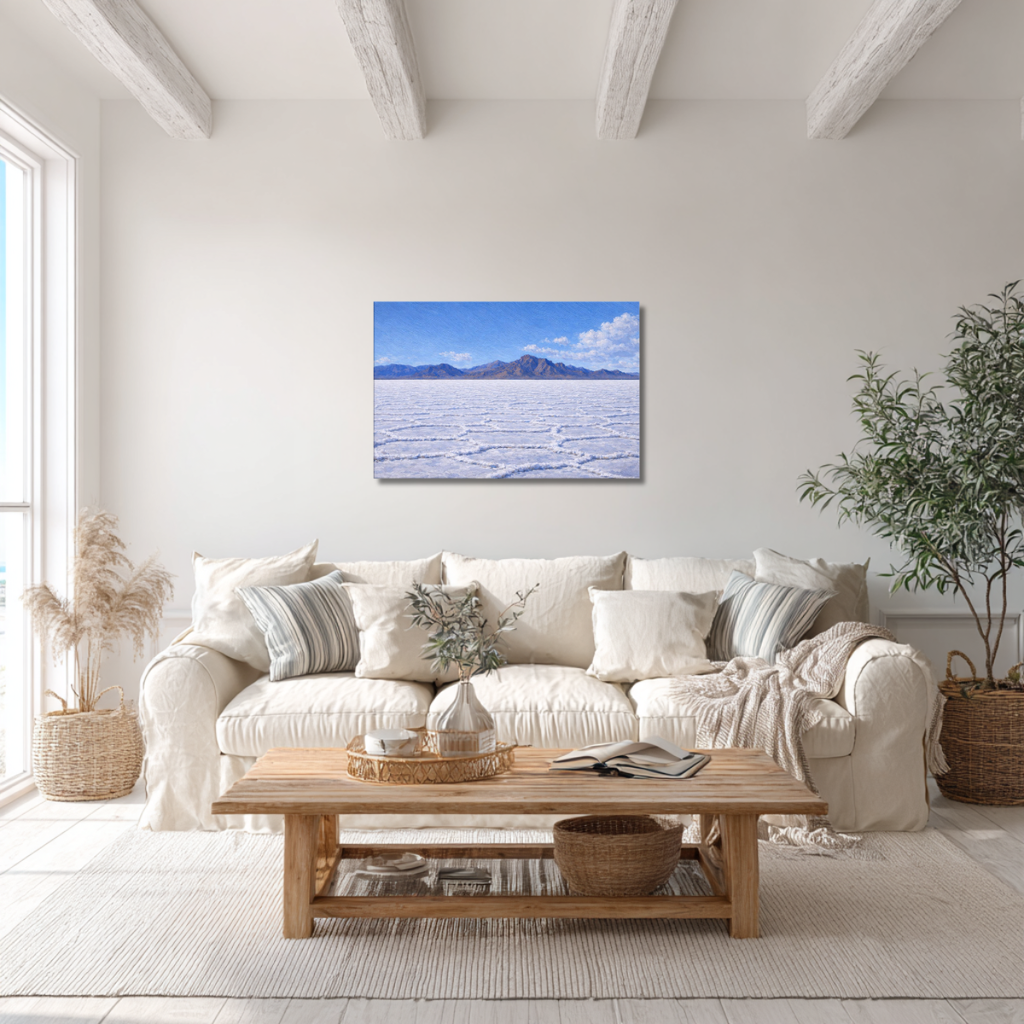 Living room with a white sofa, wooden coffee table, and a Bonneville Salt Flats landscape painting on the wall.