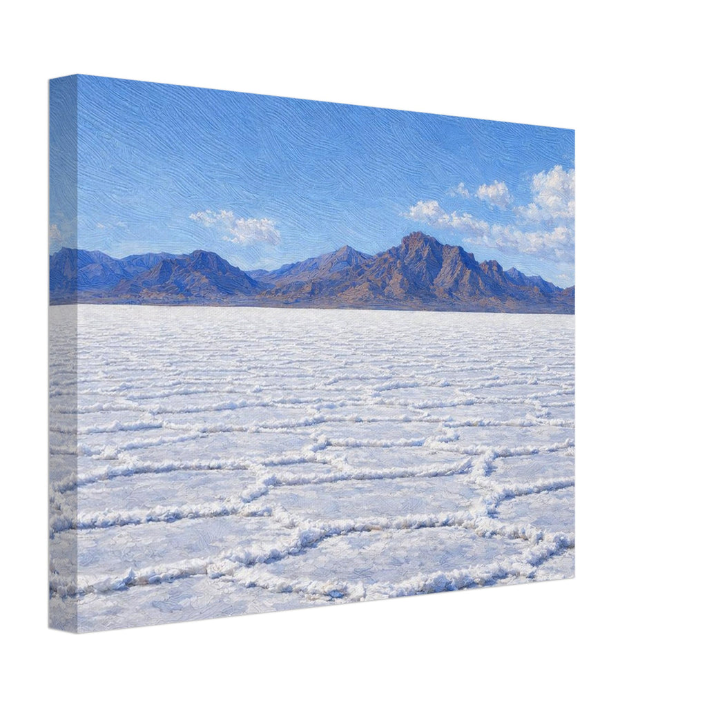 Canvas print of a salt flat landscape with mountains in the background