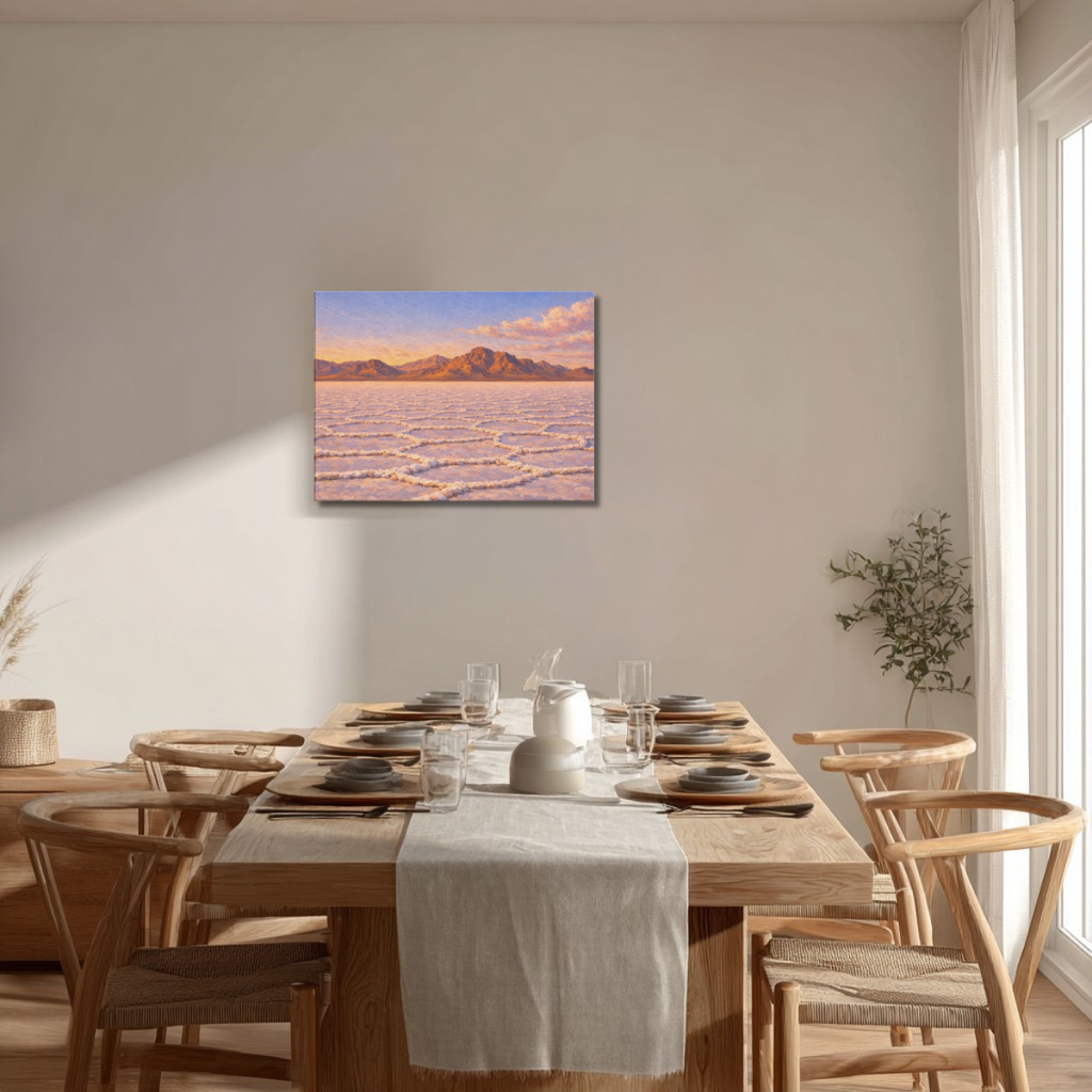 Dining room with wooden table and chairs, featuring Bonneville Salt Flats sunrise landscape canvas wall art on the wall.