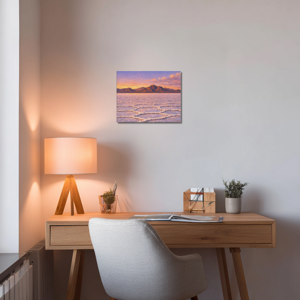 Modern home office with wooden desk, lamp, and canvas wall art of a sunset over the Bonneville Salt Flats.