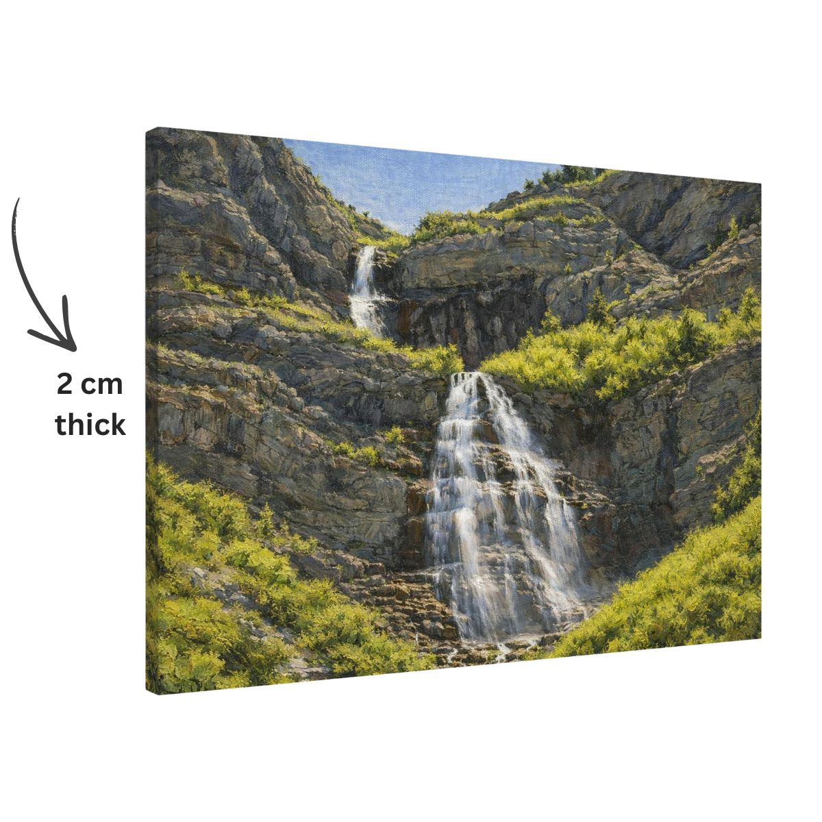 Canvas print of a Bridal Veil Falls with a 2cm thick label on a white background
