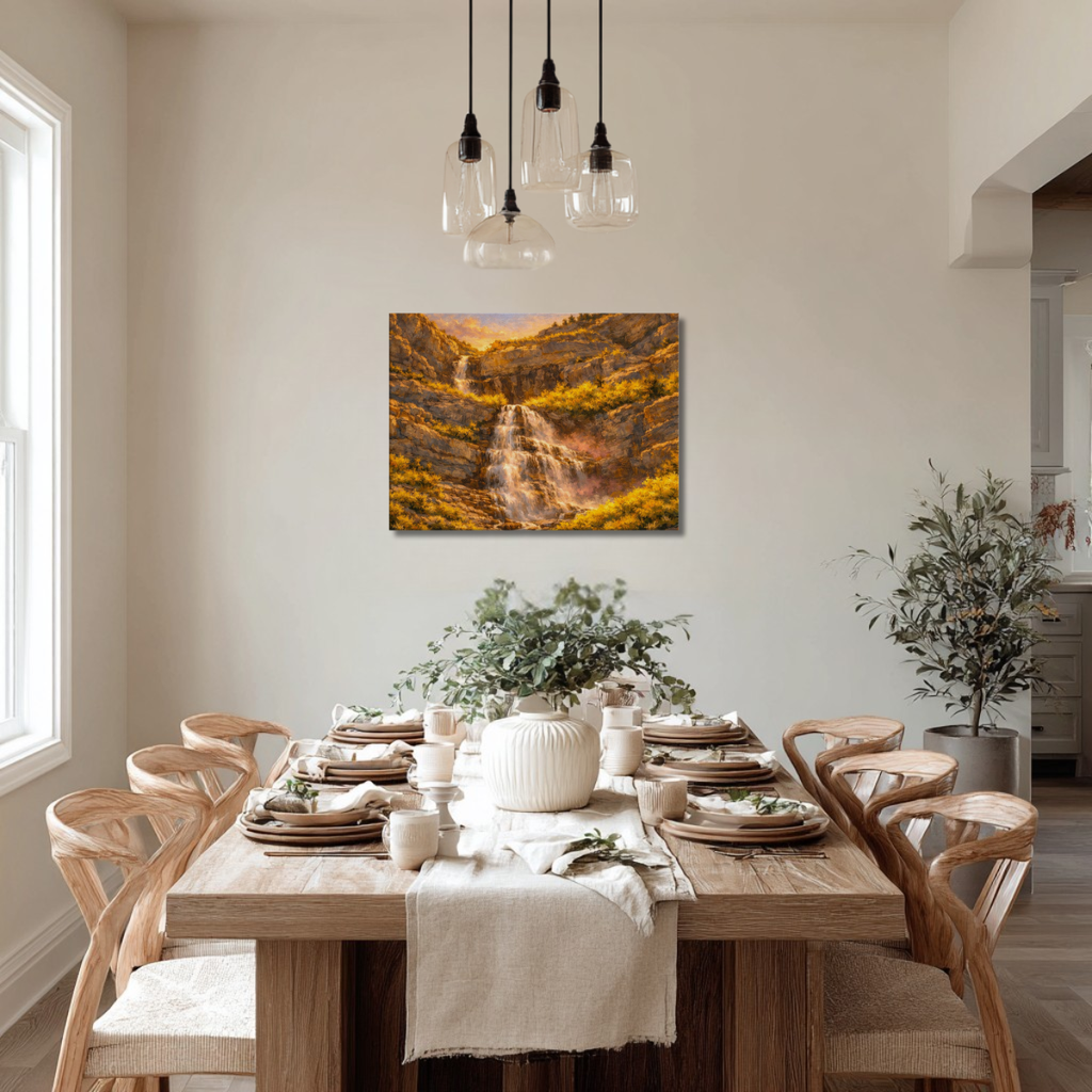 Dining room with a wooden table set for a meal, chairs, and a scenic canvas wall art of Bridal Veil Falls at sunrise.