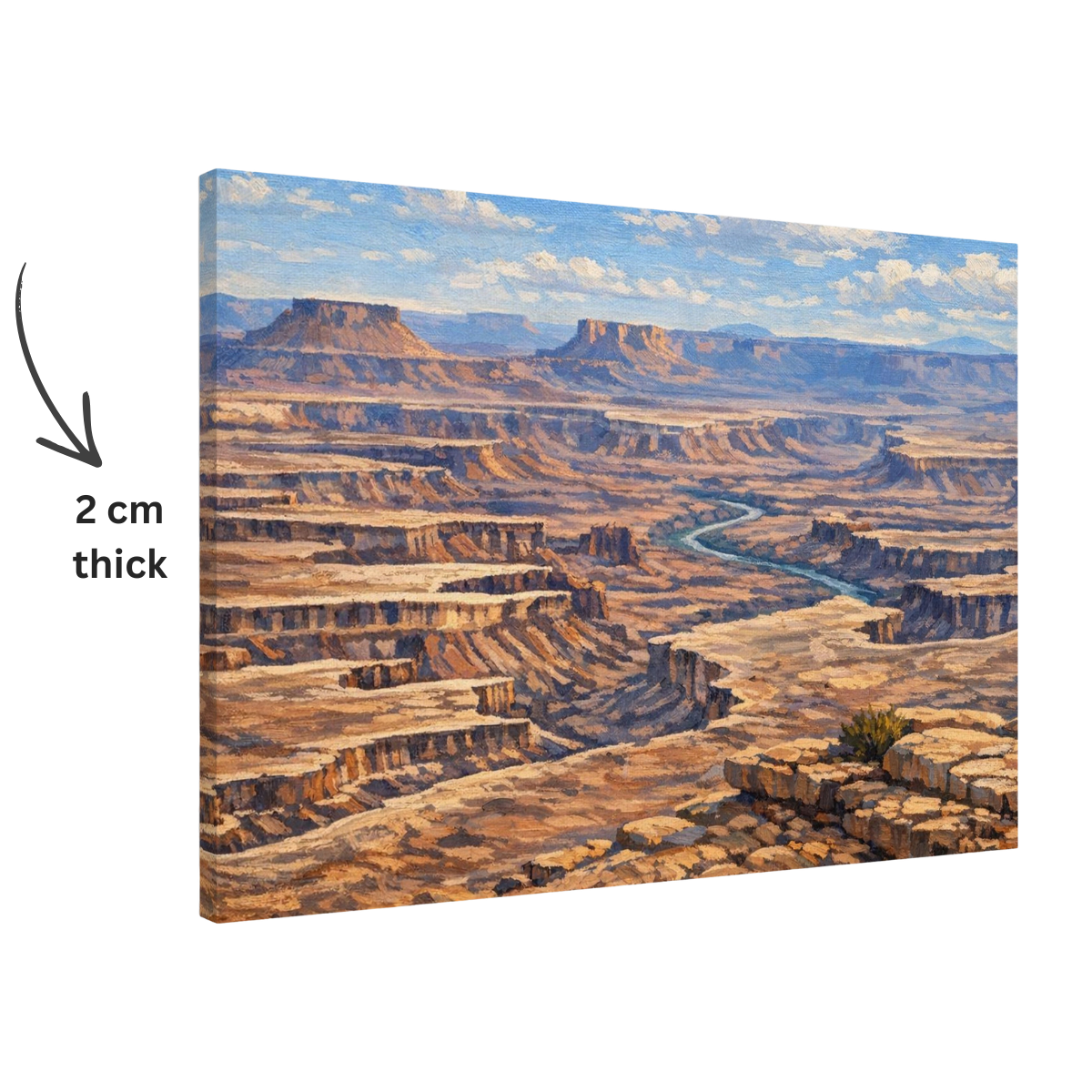 Close‑up angled view of the Canyonlands National Park canvas print showing the thick gallery‑wrapped edges, textured surface, and sturdy frame construction.