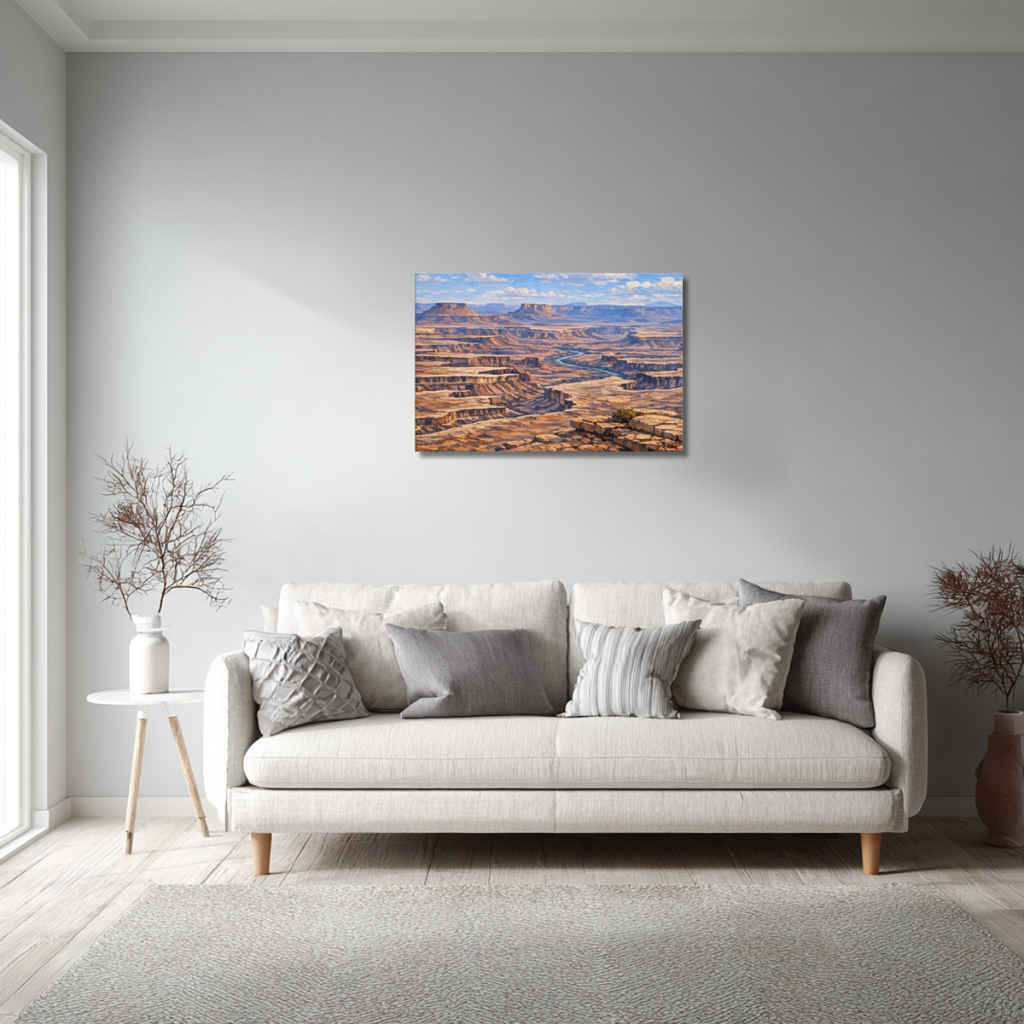 Canvas wall print of Canyonlands National Park during the day displayed on the wall of a modern living room, above a neutral contemporary sofa with warm wood accents, soft natural lighting, and minimalist décor.