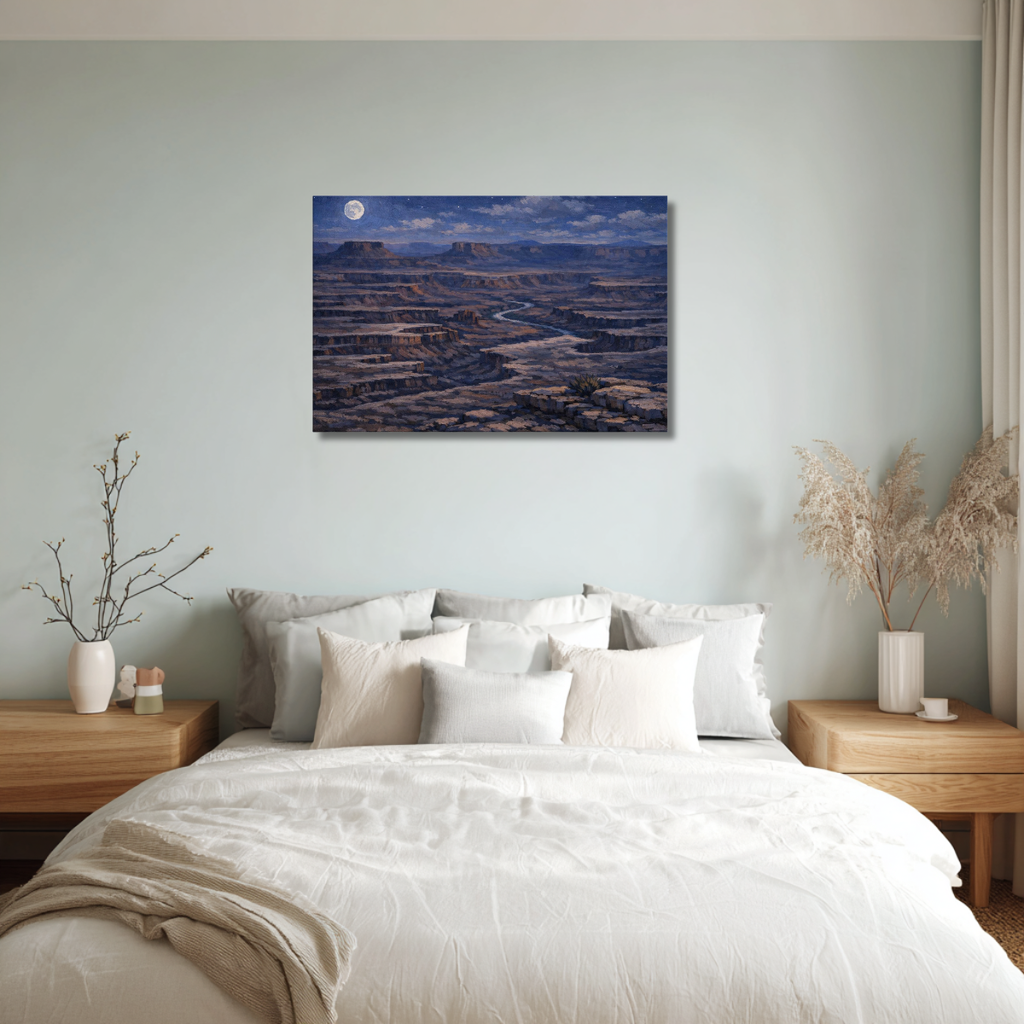Canvas wall print of Canyonlands National Park at night displayed on the wall of a modern bedroom, above a cozy bed with soft ambient lighting, warm neutral décor, and a calm nighttime atmosphere.