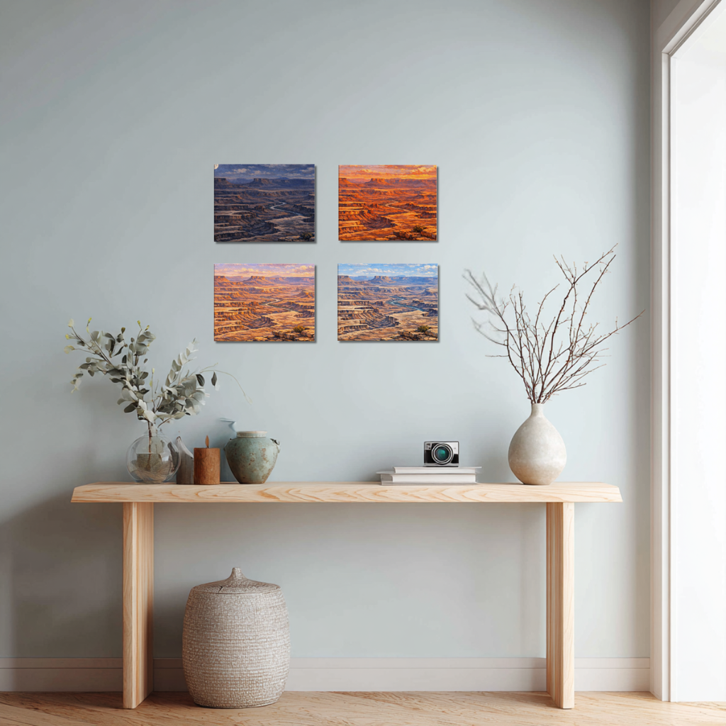 Four canvas wall art of Canyonlands National Park each one depicted at different times of day, displayed in a modern entryway, above a minimalist console table with soft ambient lighting and calm contemporary décor.