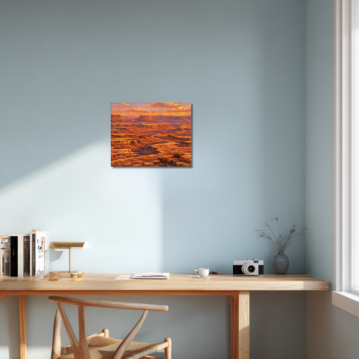 Canvas wall art of Canyonlands National Park at sunset displayed on the wall of a modern study, above a minimalist desk with warm wood accents, soft golden evening light, and clean contemporary décor
