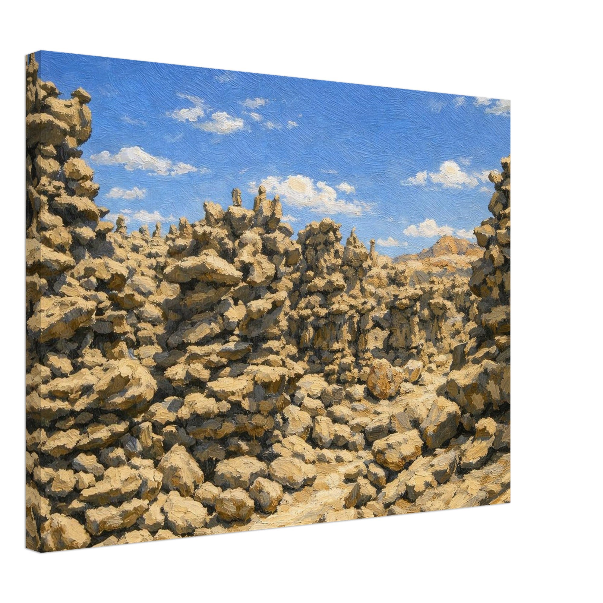 Canvas print of rock formations with a blue sky and clouds.