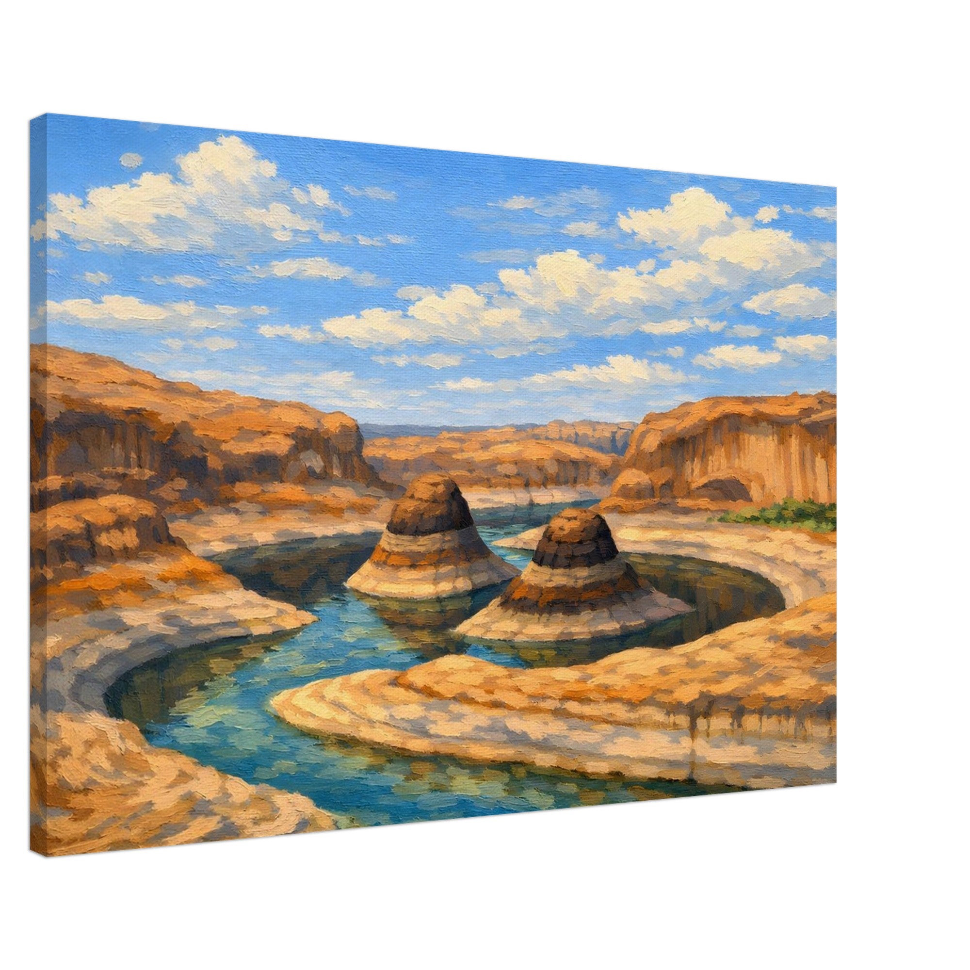 Canvas print of a desert landscape with a river and rocky formations.