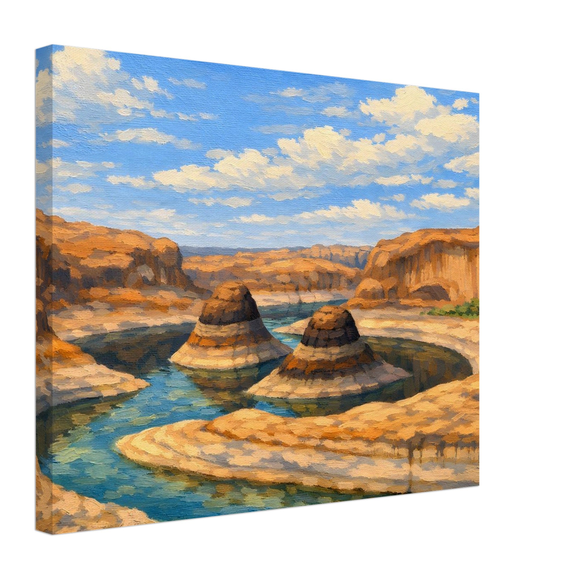 Canvas print of a desert landscape with mountains and a river.