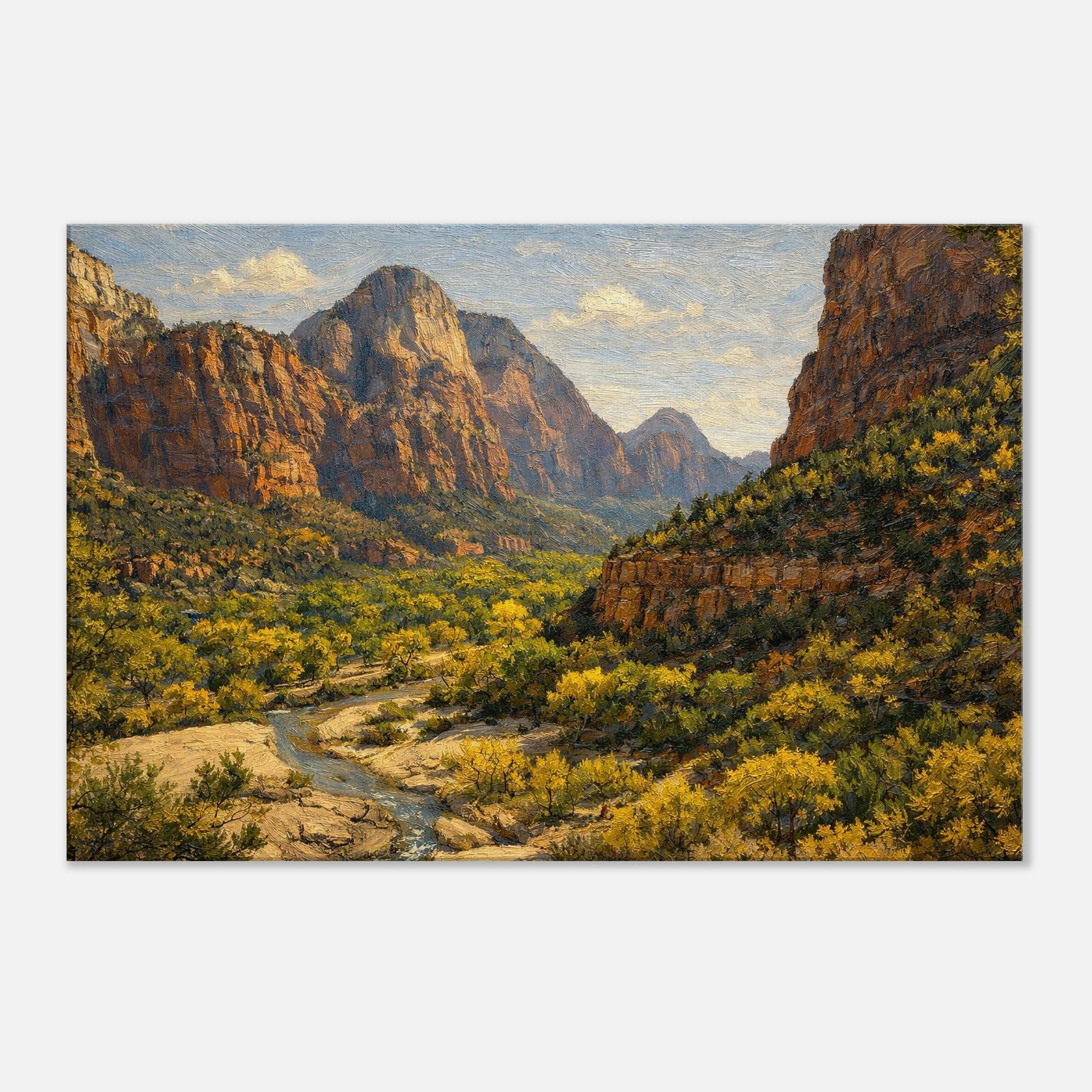Scenic landscape with mountains, a river, and greenery on a white background